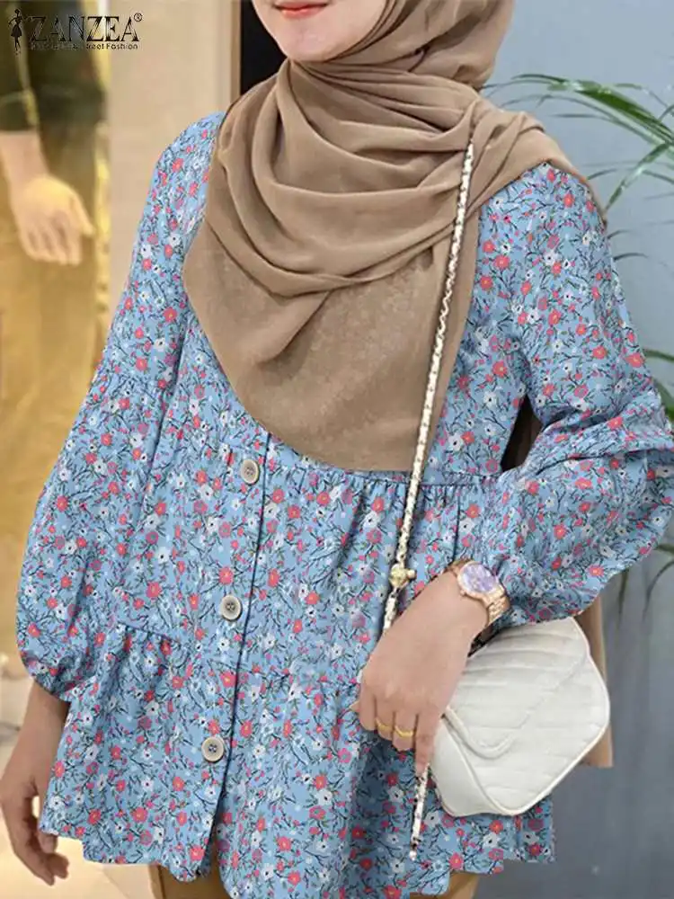 Zanzea Mode Vrouwen Herfst Shirt Vintage Moslim Abaya Tops Ramadan Islamitische Kleding 2023 Bohemian Bloemenprint Moslim Blouse