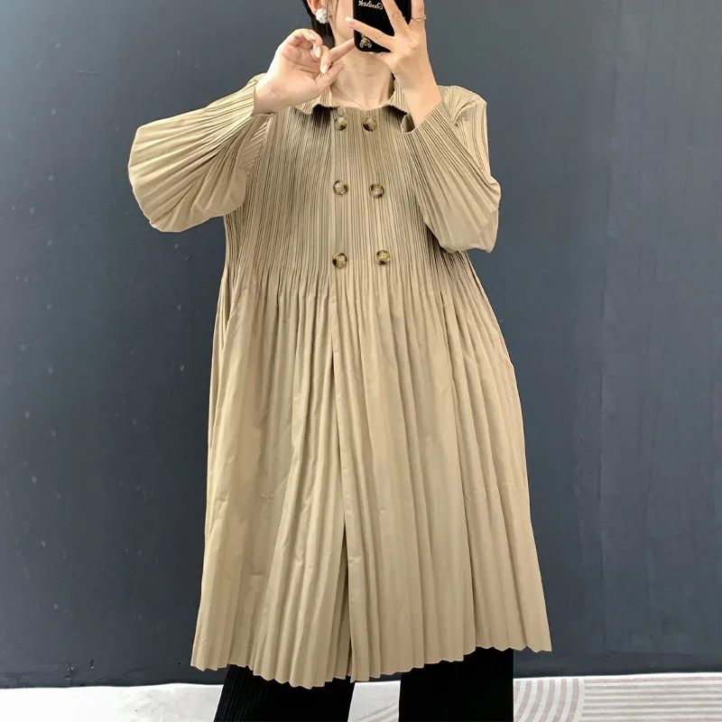 WHTREND خريف جديد معطف فضفاض مطوي منتصف طول مزدوجة الصدر طويلة الأكمام سترة معطف للنساء WH2029