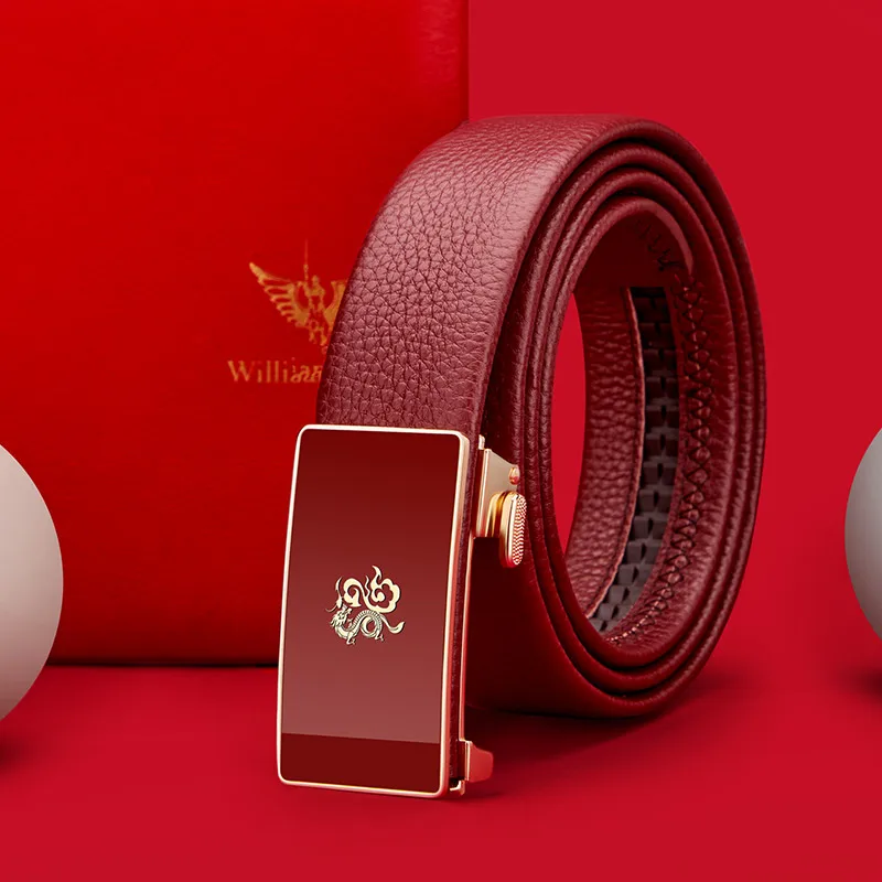 Genuine leather men's belt, Chinese style red belt, automatic buckle, personalized belt