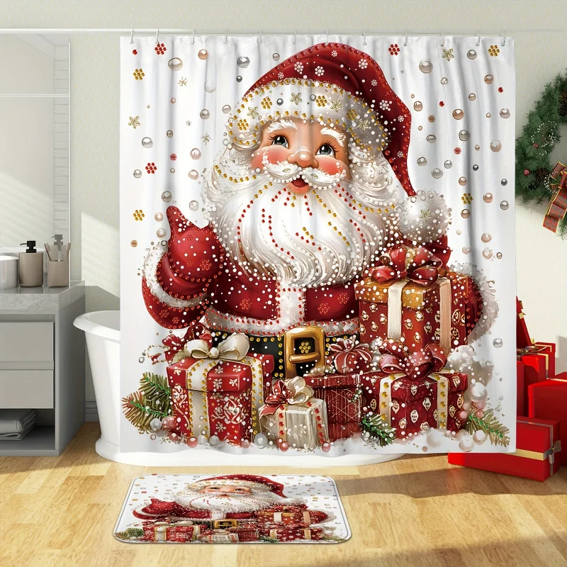 Festive Christmas Set: Santa Claus Gift Wrapped Shower Curtain, Non-Slip Bath Mat, U-Shaped Toilet Lid Cover, And