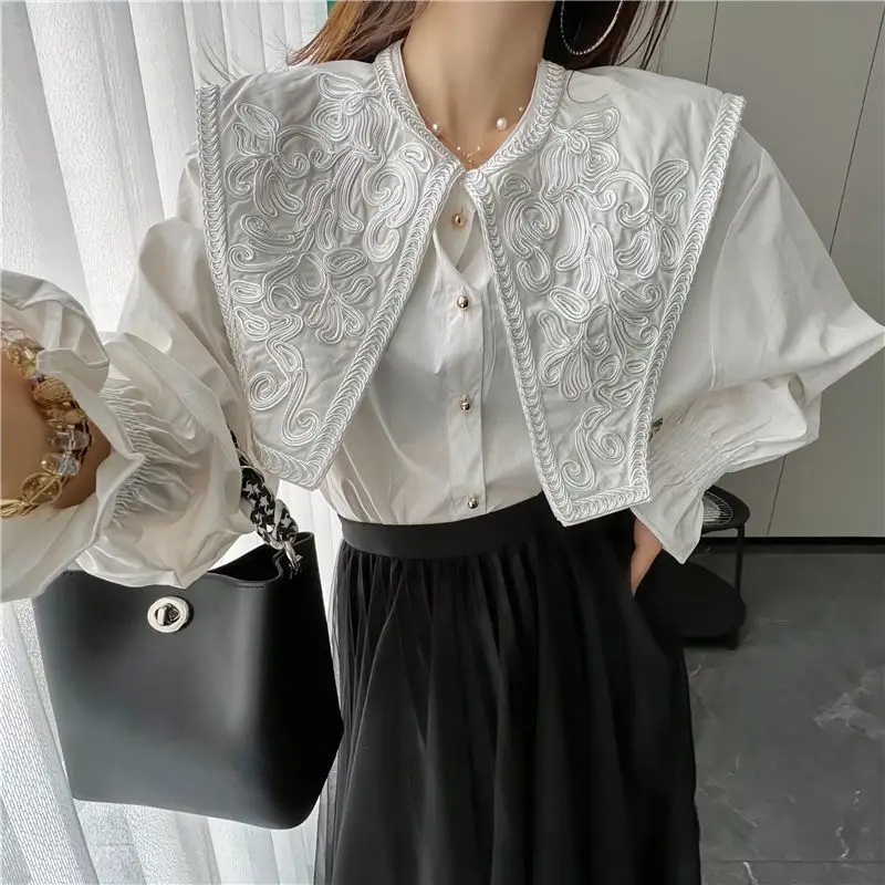 

Shirt New In Appliques Peter Pan Collar Original Design Versatile Tops Women Shirt Solid Flare Bell Long Sleeve Loose Blouses