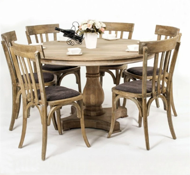 American solid wood dining table and chairs, combined oak retro old round dining table