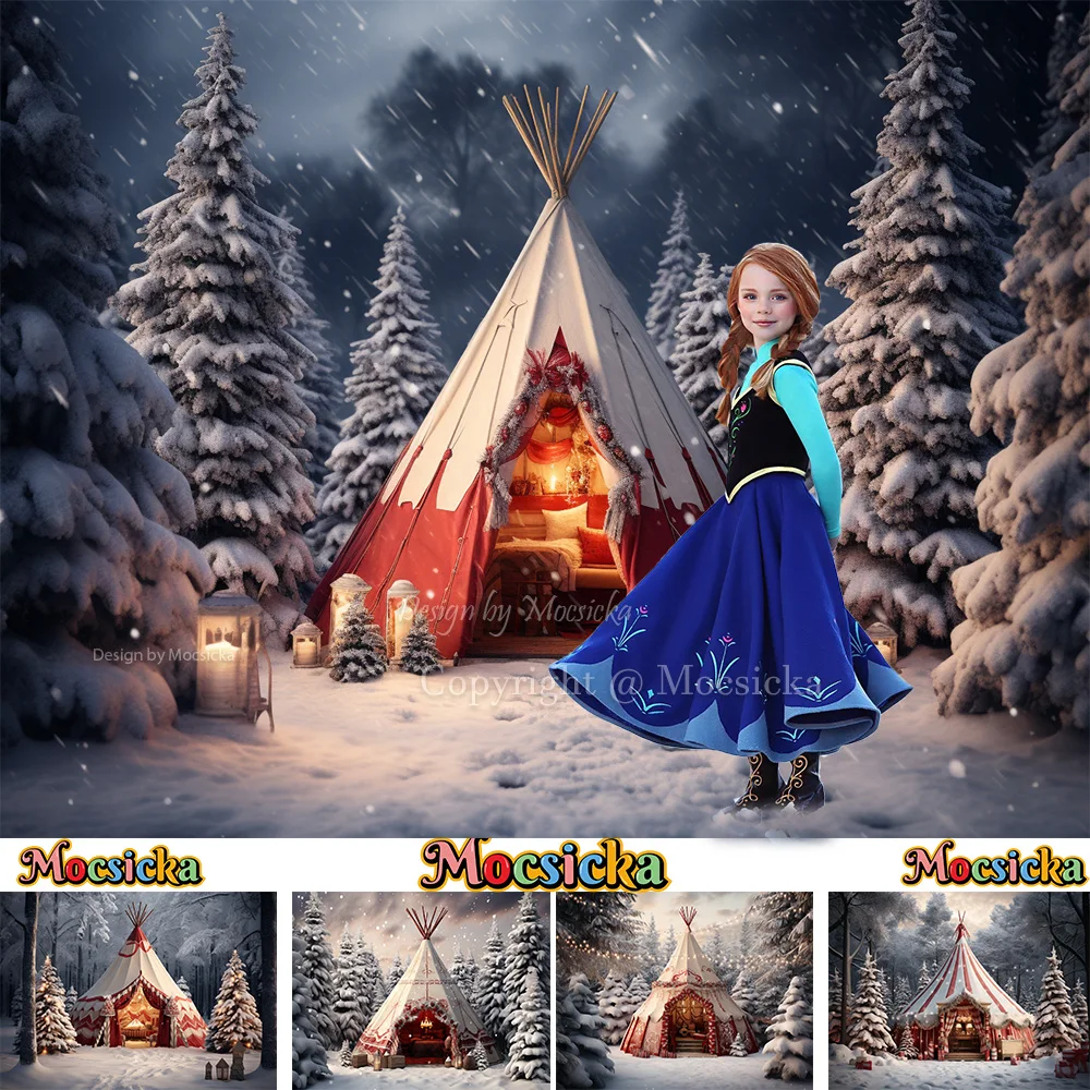 

Winter Red Tent Photography Backdrop Christmas Tree Forest Lights Decor New Year Night Background Family Portrait Studio Photo