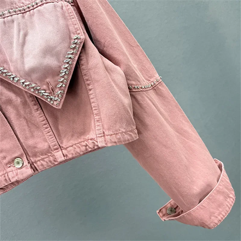 2025 frühling Herbst Frauen Neue Rosa Diamant Dünne Kurze Denim Jacke Revers Einreiher Langarm Jeans Jacke Streetwear