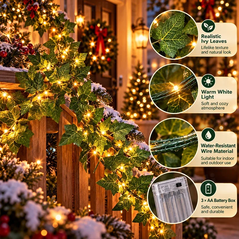 DIY Ivy Vine LED String Lights Battery Operated Artificial Leaf Garland For Patio Garden Fence Balcony Outdoor Yard Decor Lamp