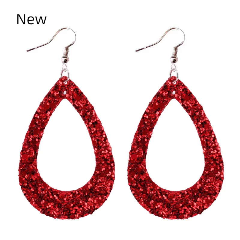 Large Hollow Out Glitter Leather Teardrop Earrings New Fashion Jewelry Red Earrings for Women