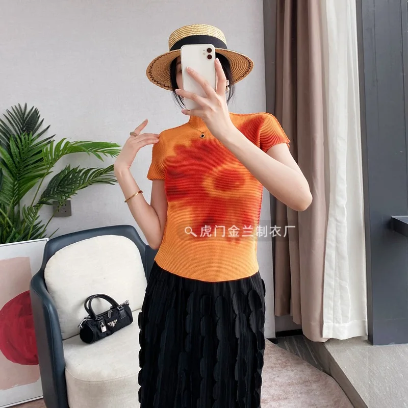 GGHK Pleated Blouse Female 2024 Summer New Slim Thin Retro Printing T-shirt Female Half High Neck Short Sleeve Bottoming Shirt