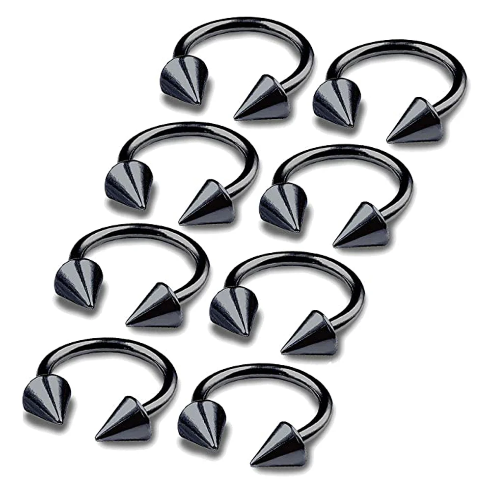 8pcs 16g Horseshoe Ring Circular Barbell Cartilage Hoop Septum Nose Lip Eyebrow Spider Bite Tragus Black Spike Ear Pick Size