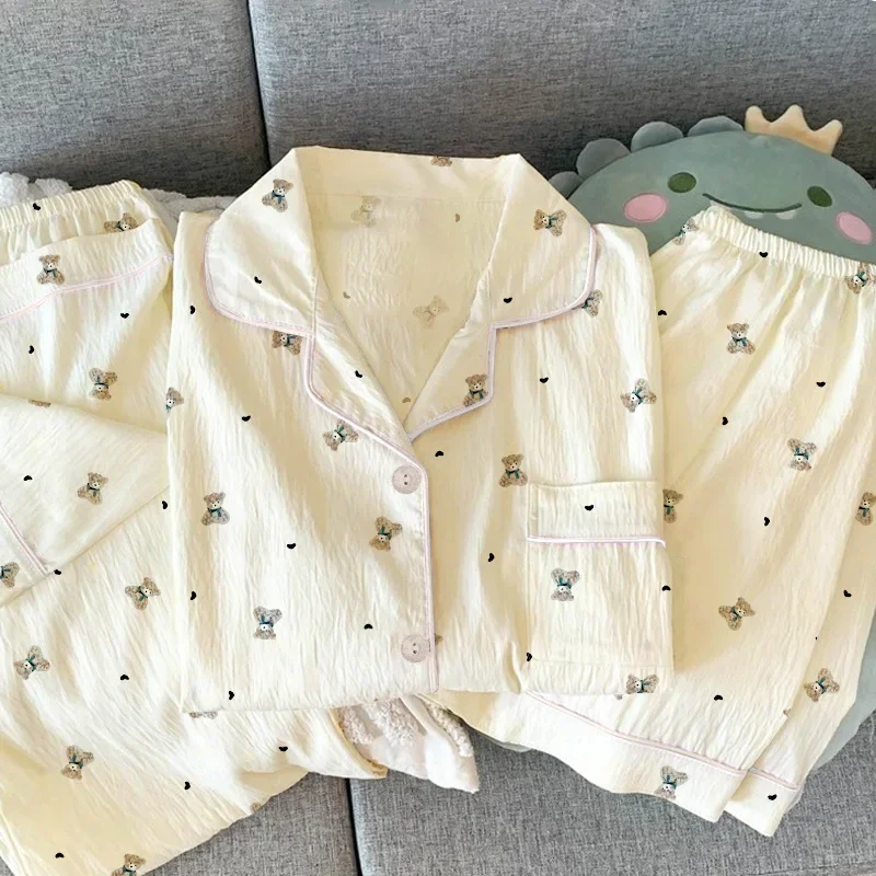 Korean-Style Cute Heart-Printed Wrinkled Fabric Pajamas for Women, Summer High-End Homewear Short-Sleeve Three-Piece Set
