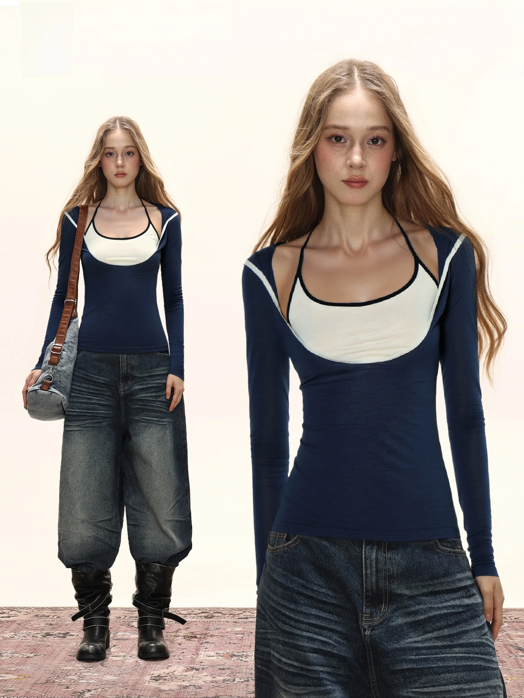 

Женский осенний комплект с эффектом похудения: американский белый топ с глубоким вырезом и длинными рукавами, универсальный крой