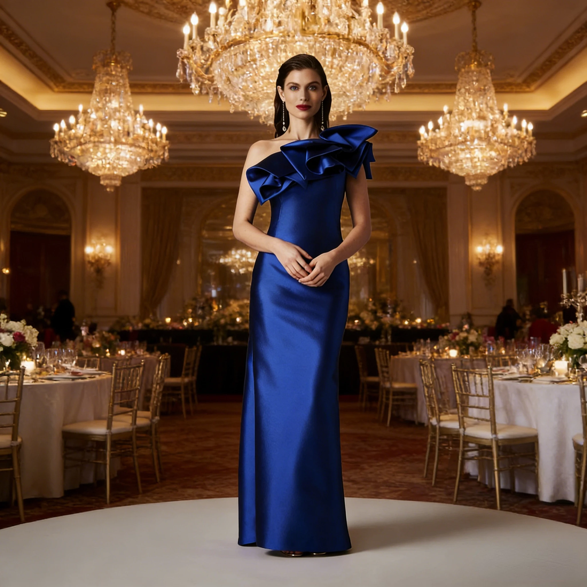 

Royal Blue Satin One-Shoulder Evening Gowns Dramatic Ruffle Detail Sleeveless Prom Dresses Vintage Customized Party Giest Gowns
