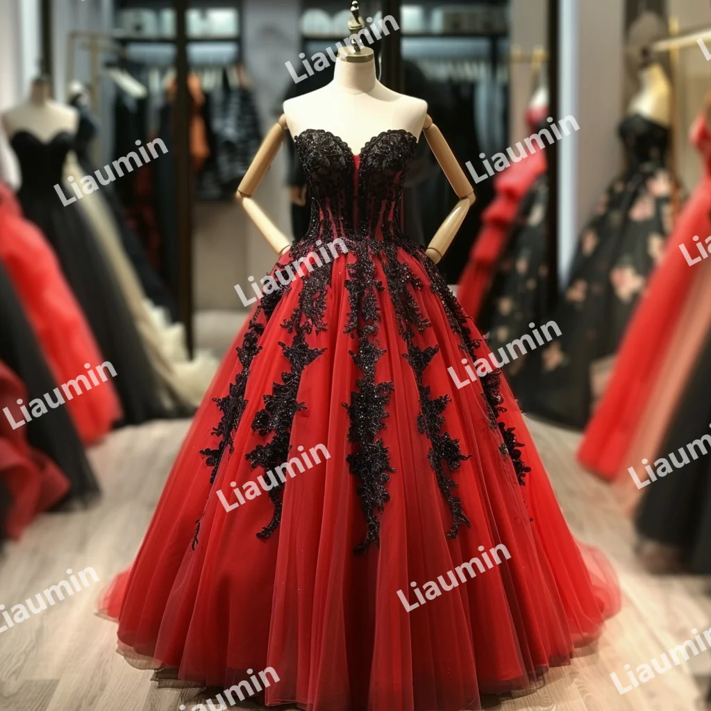 Red Tulle Black Lace Applique Strapless Ball Gown Prom Wedding Formal Dress Evening Party Princess Lace Up Back Clothing A3-1.16