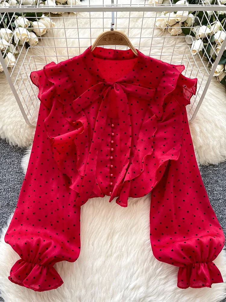 

French Sweet Long Sleeved Blouse Women's Clothing Spring Autumn Bow Ruffle Edge Polka Dot Printed Chiffon Shirt Top C42