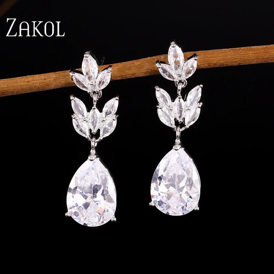 ZAKOL Hot Selling Romantic Water Drop Cubic Zircon Dangle Earrings for Women Fashion Leaf Bridal Wedding Jewelry EP012