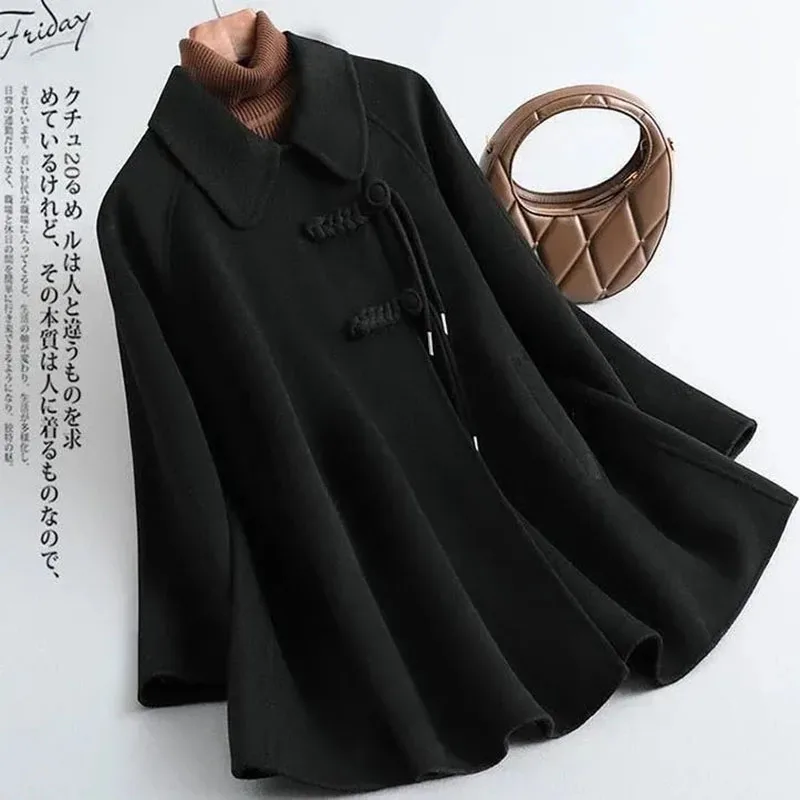 Women's Double Layer Lined Woolen Coat Spring Autumn Winter Thickened Hepburn Style Small Size Fashionable Outerwear