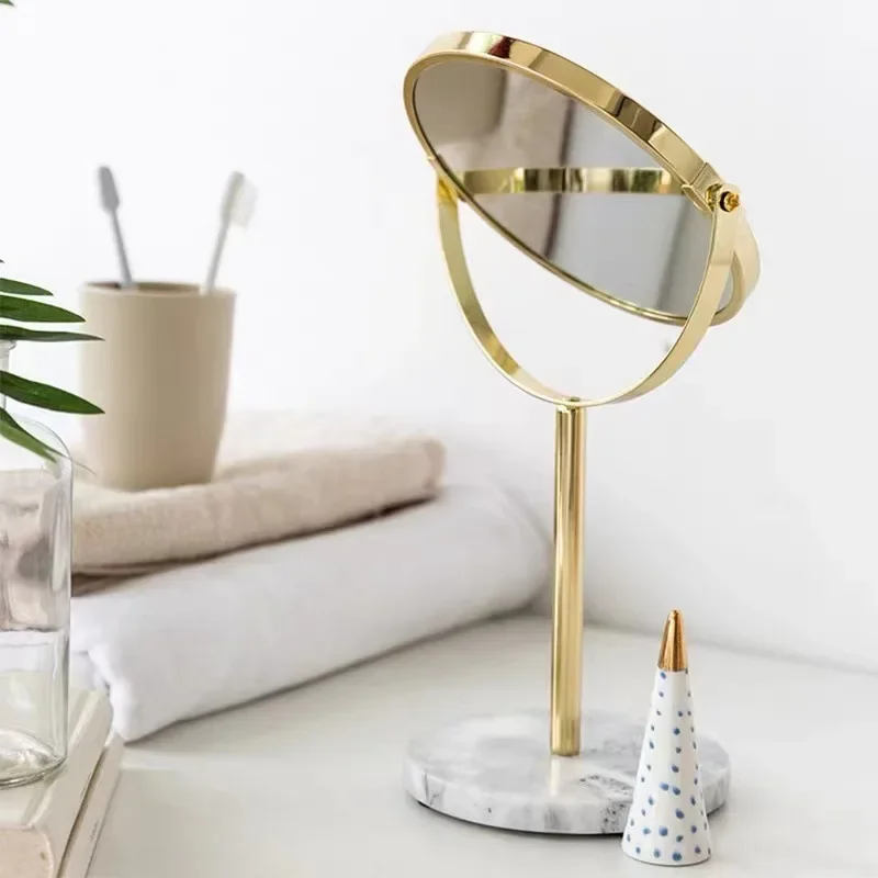 【Natural】Natural Marble 360 Rotating Makeup Vanity Mirror Golden Desktop Double Sided 2X Magnifier Stand Bathroom Accessories