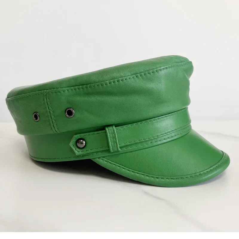 Casquette militaire verte en cuir véritable, chapeaux de marin pour femmes et hommes, chapeau de cadet de voyage à dessus plat, chapeau militaire en peau de mouton
