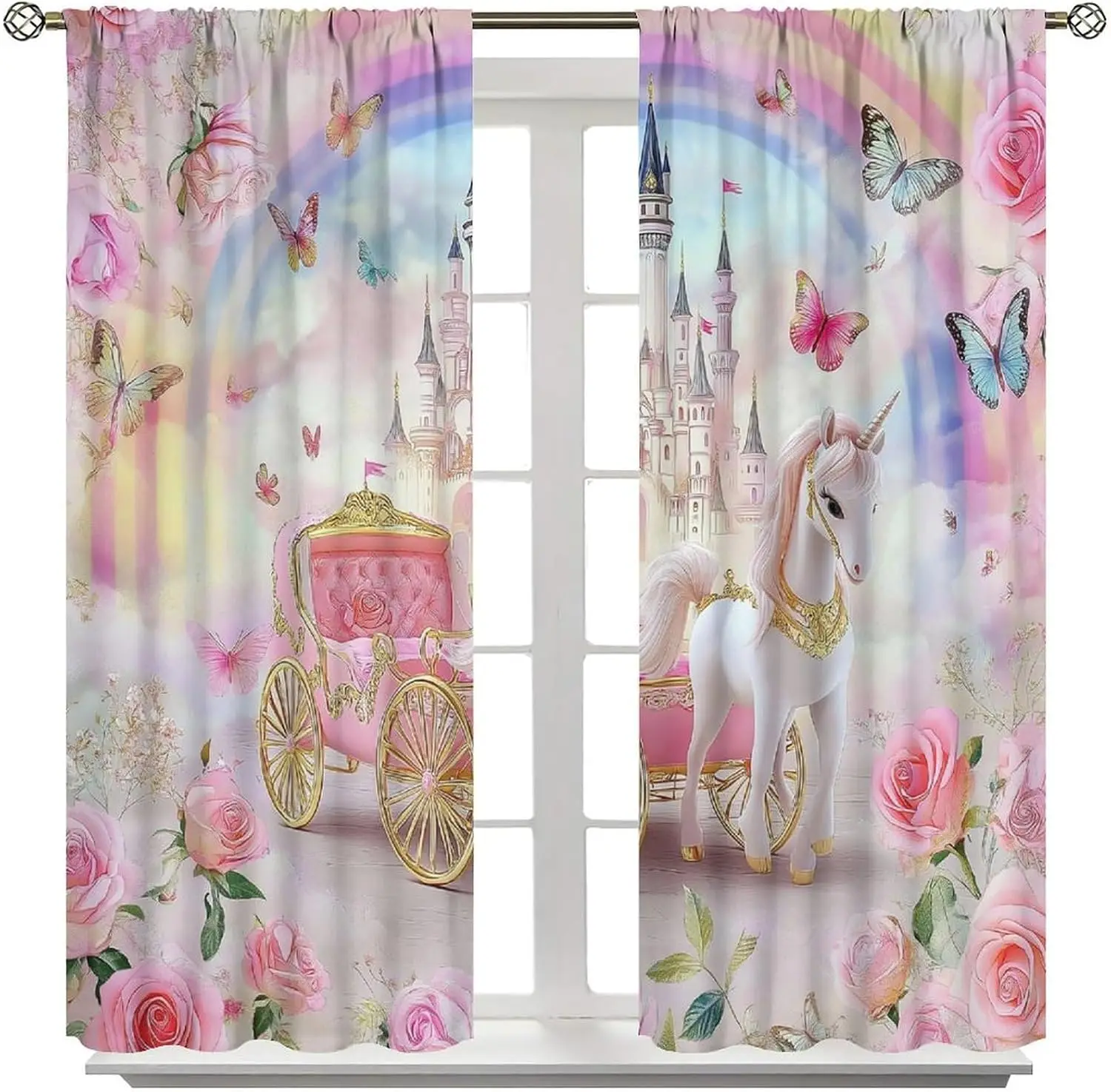 Cool Unicorn Castle Carriage Curtain 2 Panels Pastel Rainbow Rose Girl Bedroom Print Window Curtain Sweet Princess Home Decor