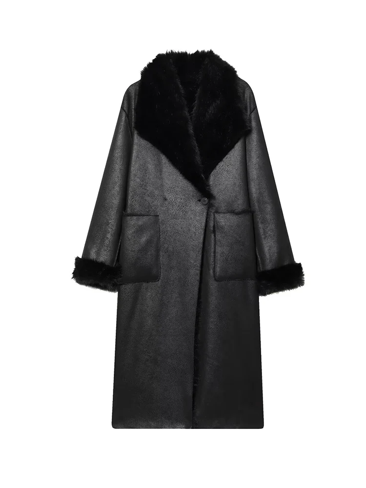 Frauen Retro Reversible Langen Mantel Casual Faux Pelz Revers Einzigen Taste Tasche Jacke Damen Winter Mode Straße Warme Outwear