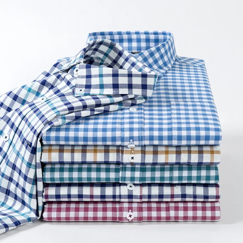 Fashion korean 100%cotton oxford summer plaid short sleeve shirts for men slim fit formal plain shirt casual designer clothes