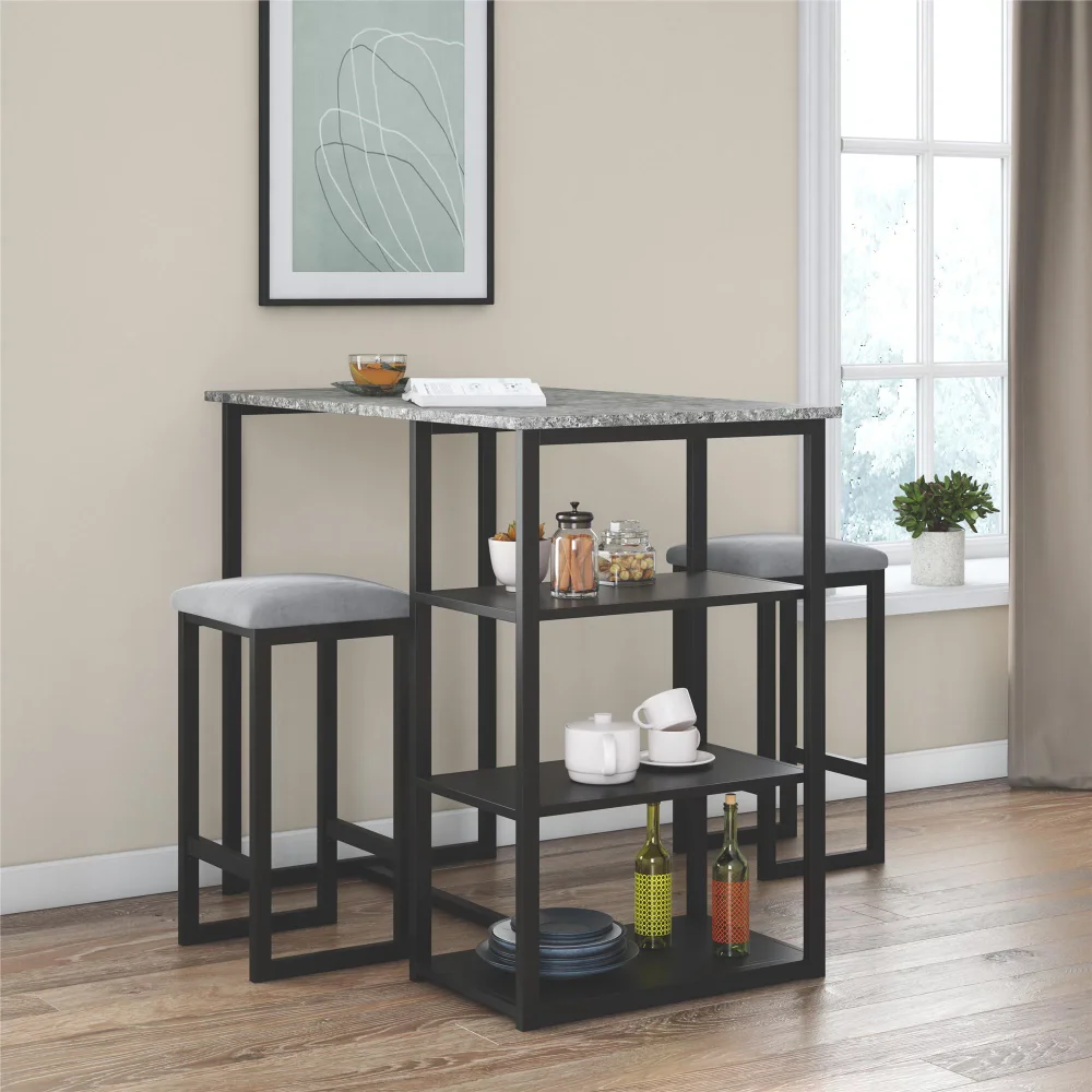 

3-Piece Metal Pub Set with Faux Concrete Top, Gray and Black