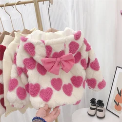 Girls Cute Lambswool Coats Autumn Winter Cute Heart Love Bow Hooded Cotton Jackets Children Clothes Thick Warm Velvet Outerwear