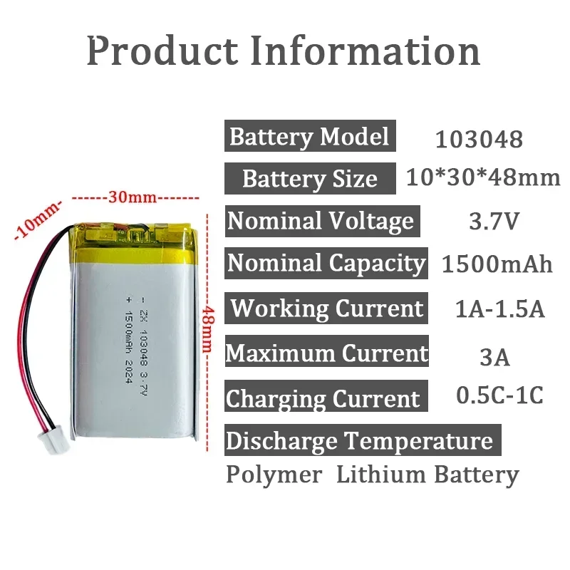 Rechargeable 103048 103050 3.7V 1500mAh Li-Po Lithium for MP3 DVD Speaker Camera Bluetooth Massager with jst PH 2.0mm 2pin plug