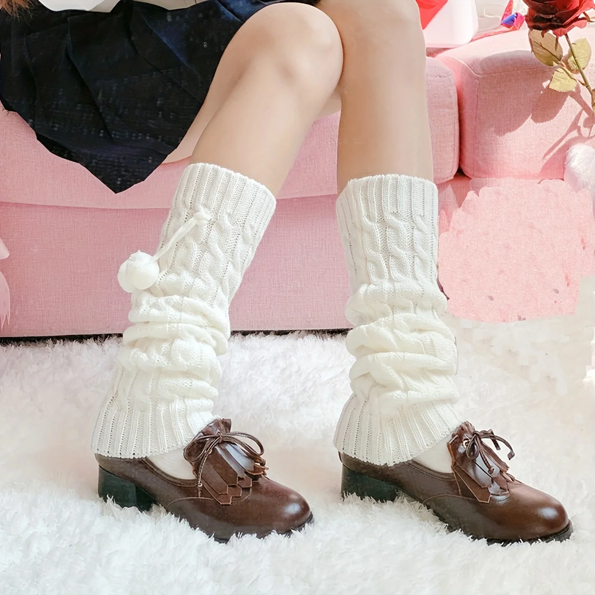 Sweet White Cable Knit Leg Warmers Cute Fluffy Pom-pom Slouch Socks Japanese Lolita JK Uniform Winter Thermal Leg Covers