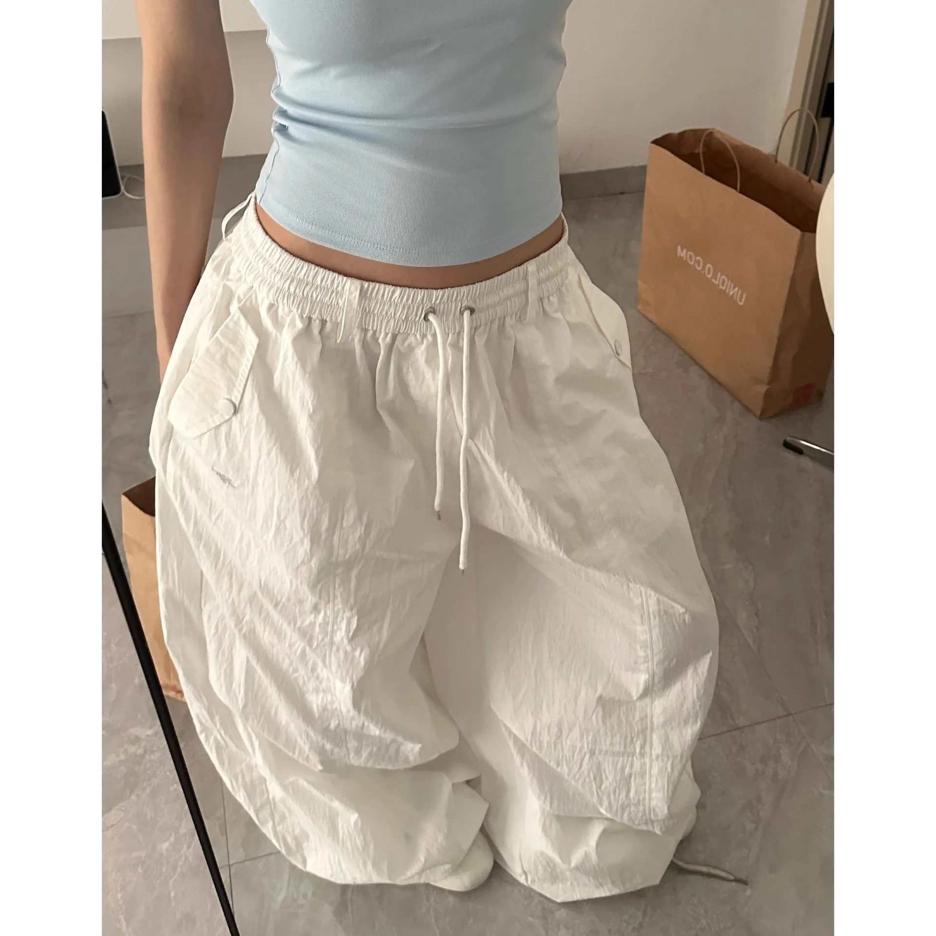 Drawstring Pleated Tooling Casual Pants Loose Silhouette Elastic Waist Pockets Quick-drying Trousers