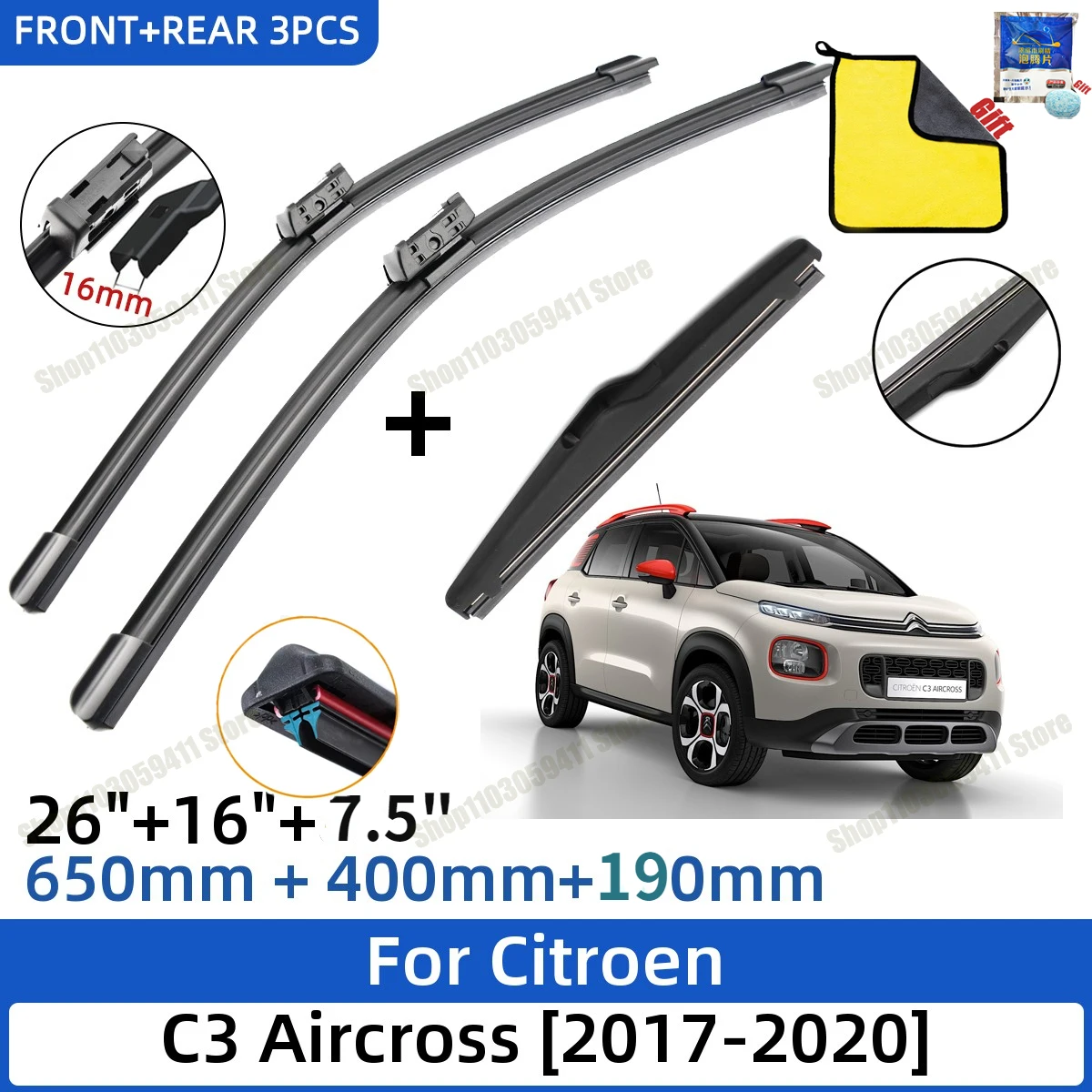 

For Citroen C3 Aircross 2017-2020 26"+16"+8" Front Rear Wiper Blades Set Windshield Windscreen Car Accessories
