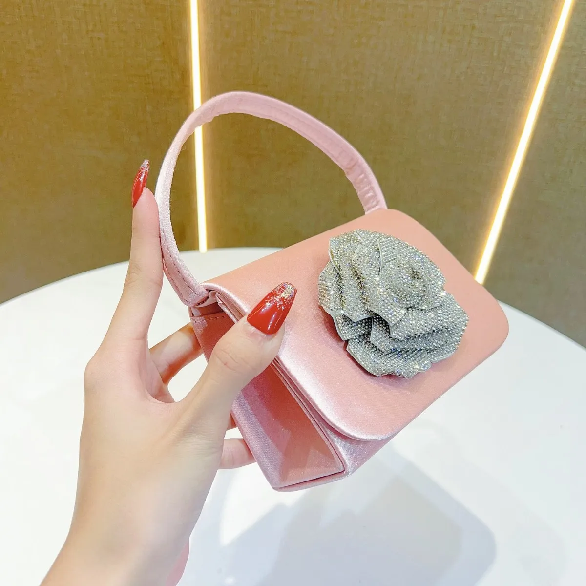 Luxury Glitter Diamond Floral Square Bag Women’s Satin Handbag Elegant Evening Clutch Wedding Party Crossbody Purse Fashion Tote