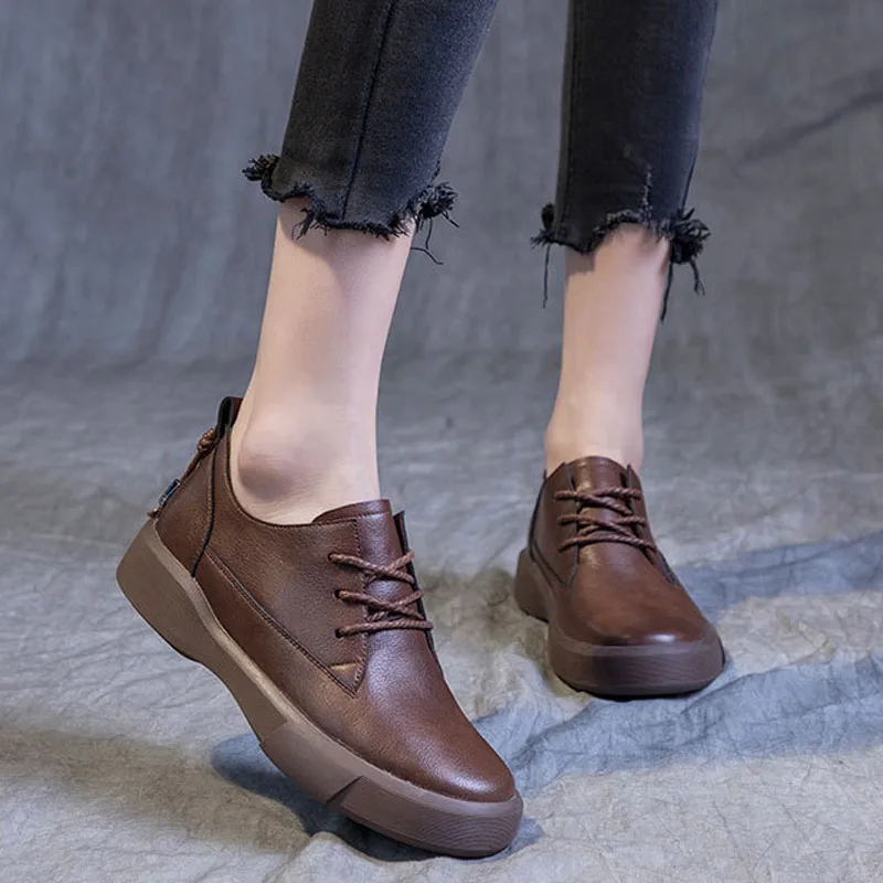 

British Style Women Flat Shoes Lace-Up Round Toe Real Cowhide Flats Heel Black Brown Leather Shoes Woman Plus Size 43 WSH5462