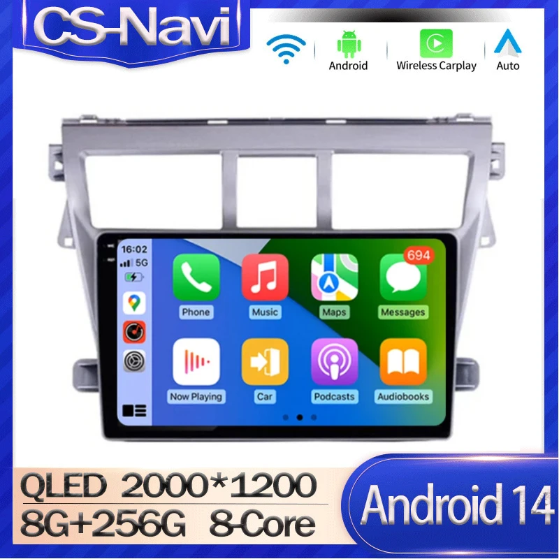 Car Stereo Radio For Toyota Vios Yaris 2007 2008-2012 9 Inch 2 Din Multimedia Video Player Android14 Auto Carplay GPS Navigation