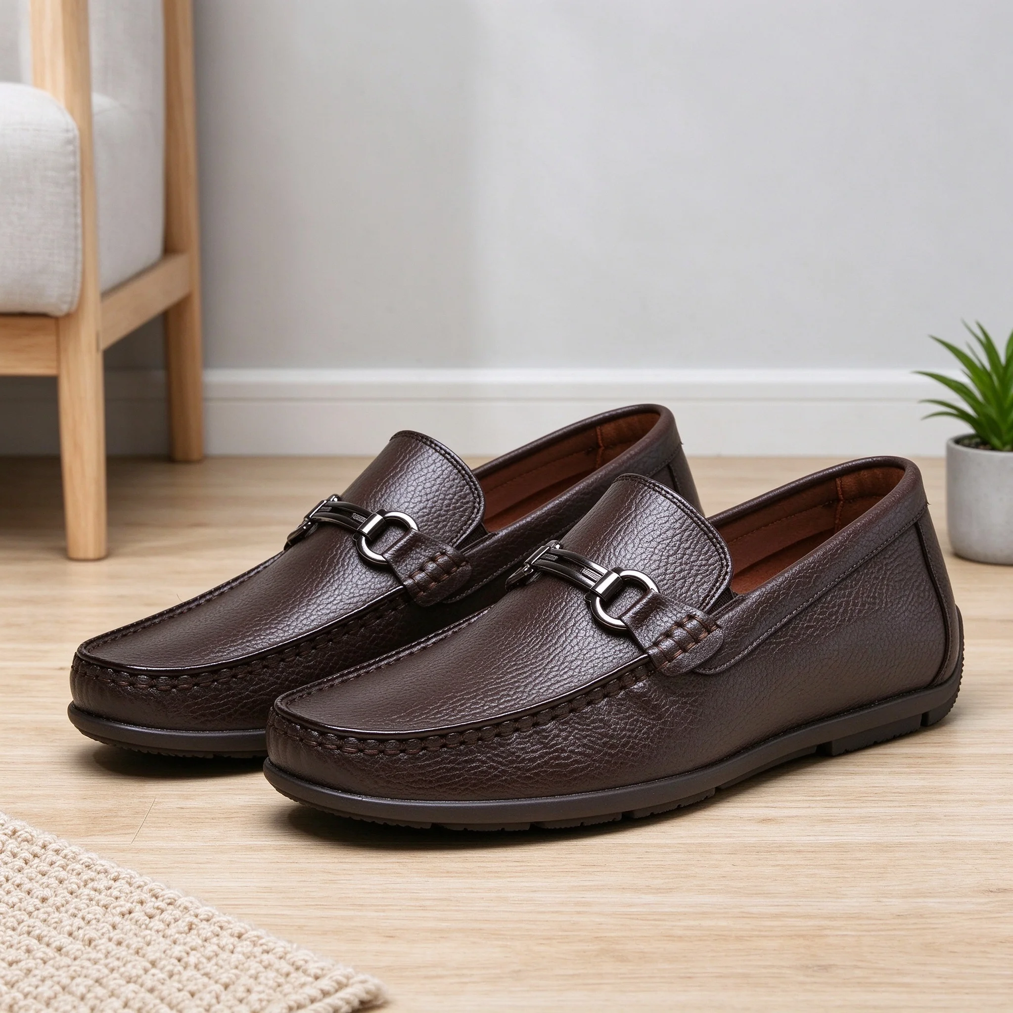 Desai Men's Horsebit Loafers Grain Leather Faux Slip On Casual Shoes Comfortable Lightweight Moccasins Autumn Winter