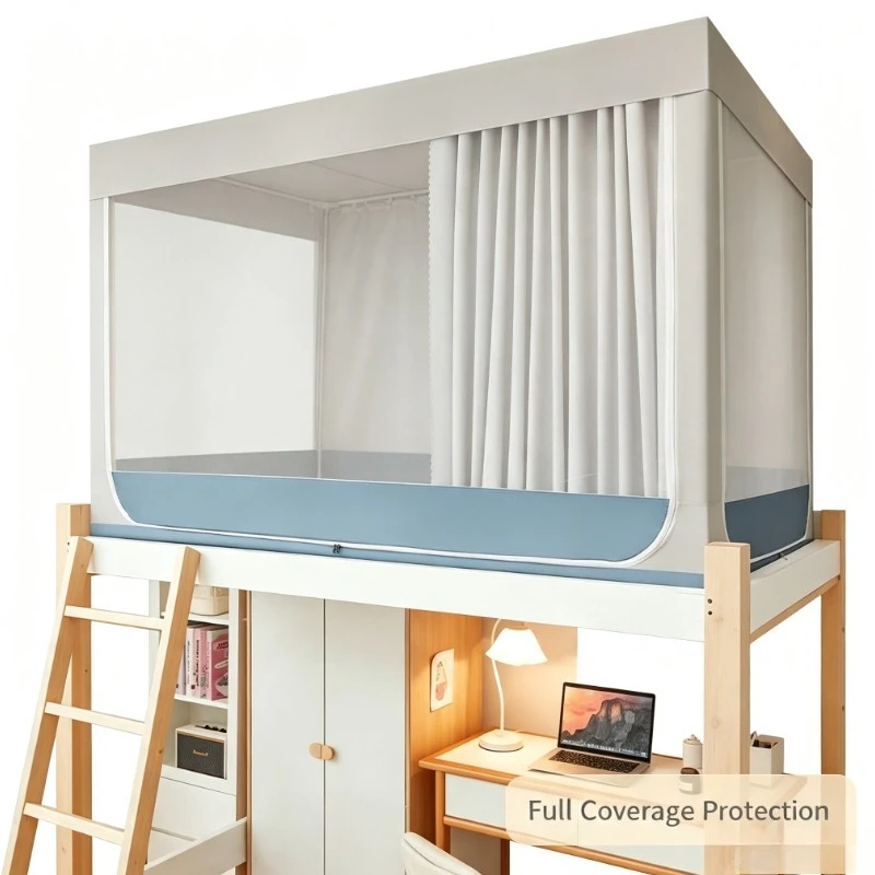 One-Piece Blackout Bed Curtain Mosquito Net Full Enclosure for Bunk Bed Dormitory Use