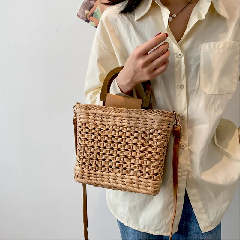 JIOMAY Straw Bags Summer 2023 Women Tote Bags Designer Handbags PurseS Weave Drawstring Closure Wooden Handle Beach Shoulder Bag