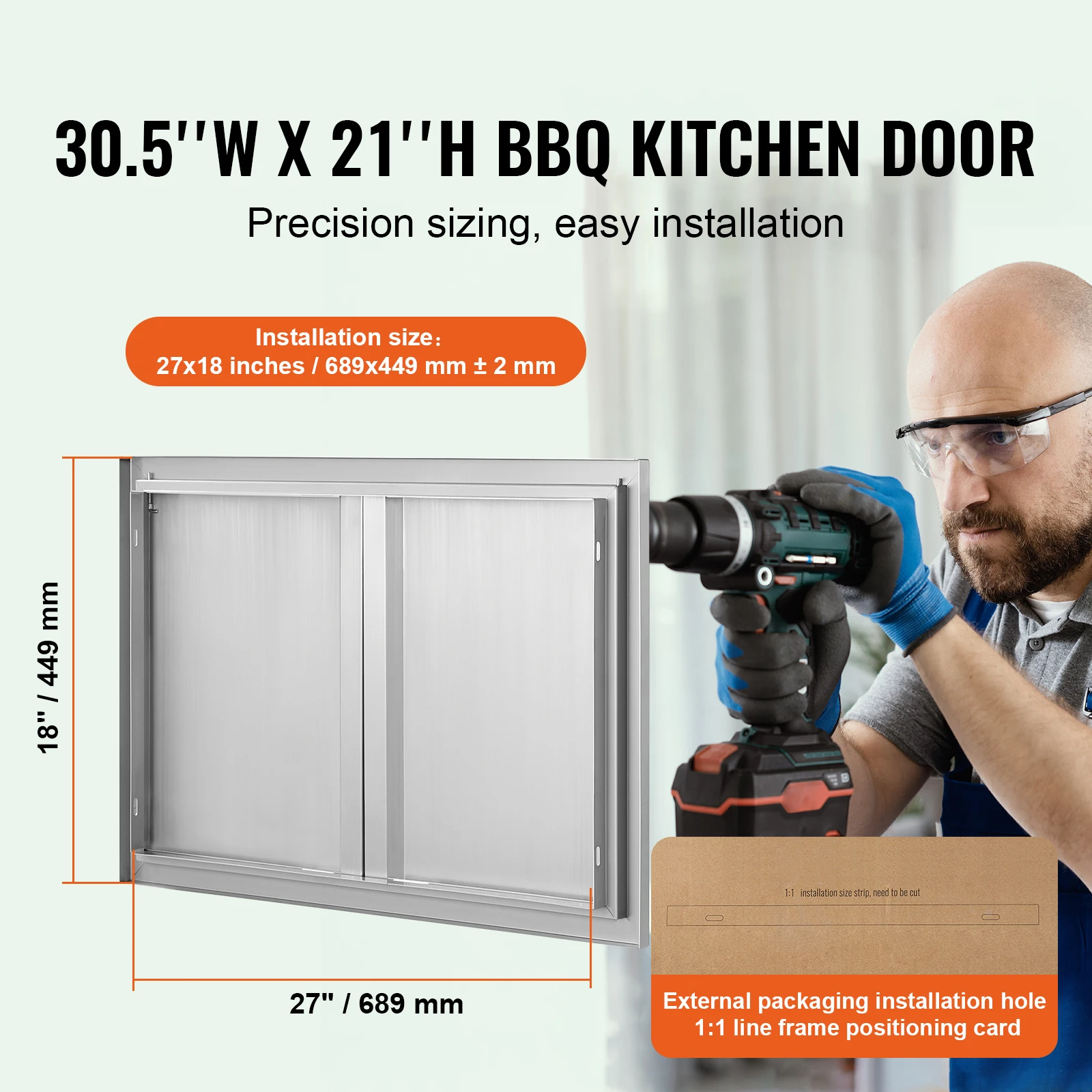 BBQ Access Door, 30W x 21H Inch Double Outdoor Kitchen Door, Stainless Steel Flush Mount Door, Wall Vertical Door with Recessed Handles, Grilling Station, Outside Cabinet, Designed for BBQ Island