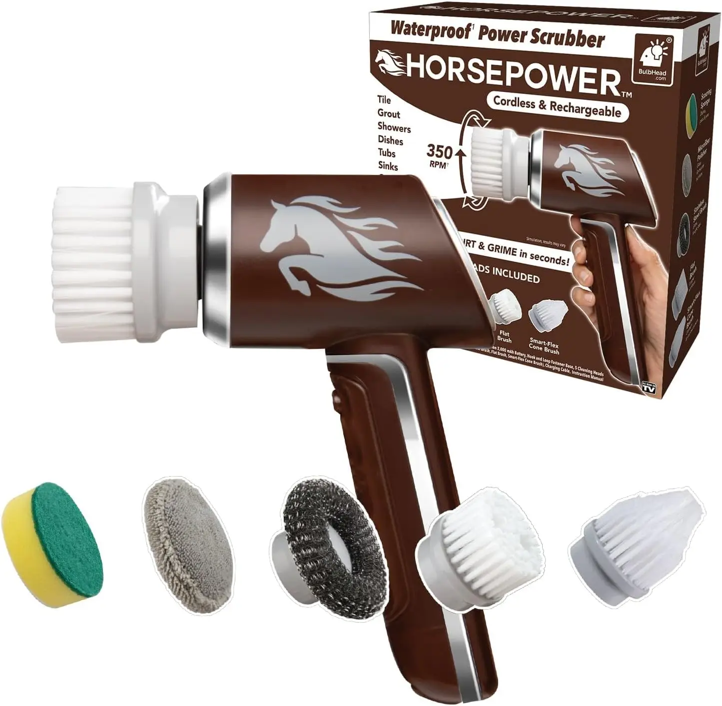

Horsepower Scrubber, Waterproof, Electric Power, Spins 350 RPM, 5 Brush Heads, AS SEEN ON TV, Cleans