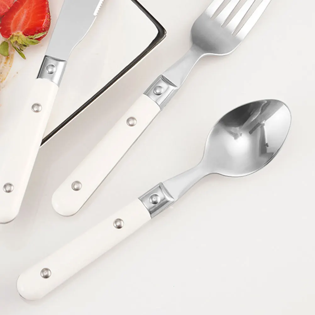 

3pcs Stainless Steel Cutlery White Fork Spoon Knife Simple Style Tableware Home Family Use Safe Food Contact Durable Easy Clean