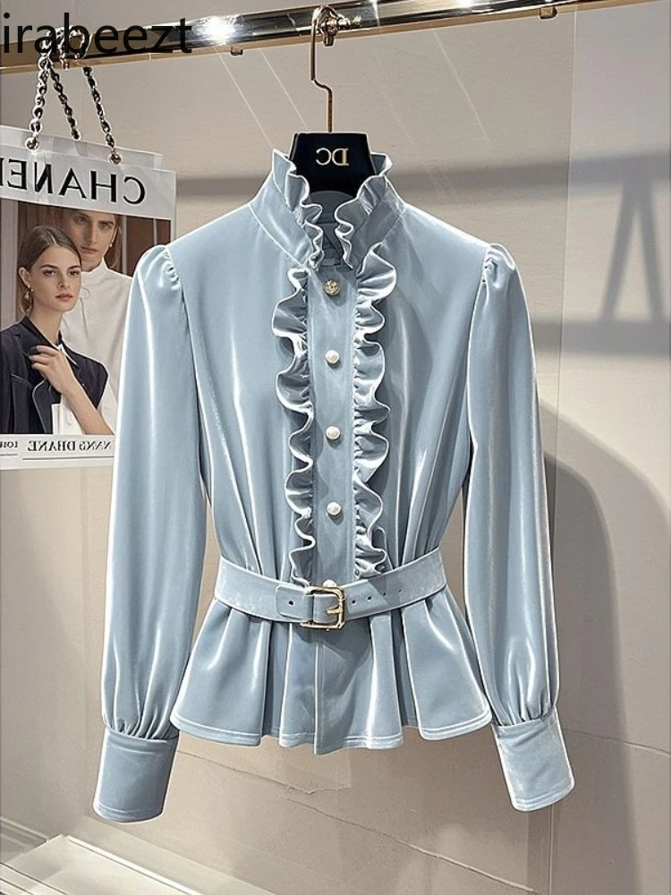 Foreign Style High-end Chic Shirt French High-grade Temperament Beautiful Copper Sulfate Wear Blue Velvet Blouse Female