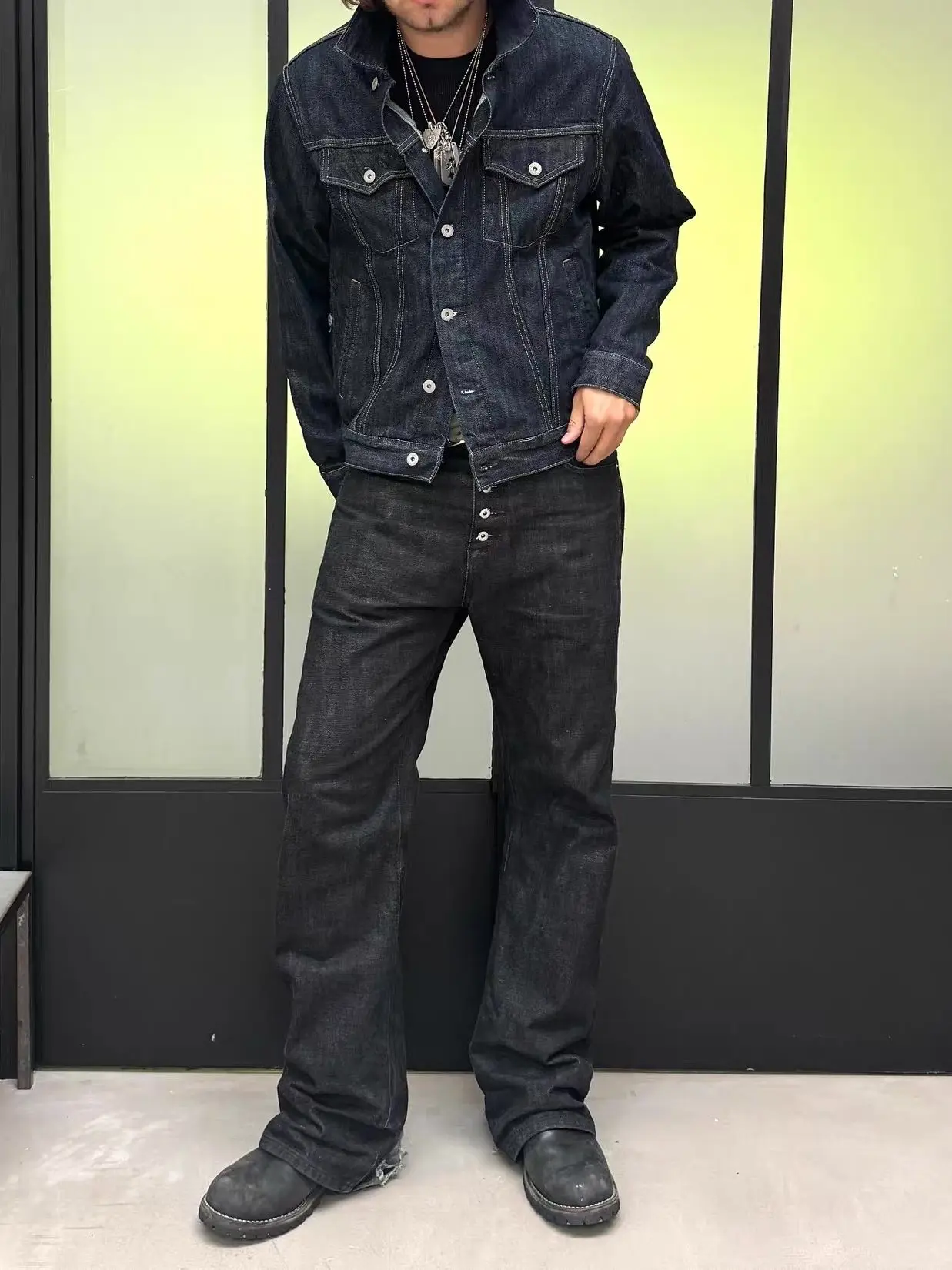 Heavy Industries No Faith Red Edge Red Ears Narrow Bull Short Wide Loose Lapel Front Shoulder Denim Jacket