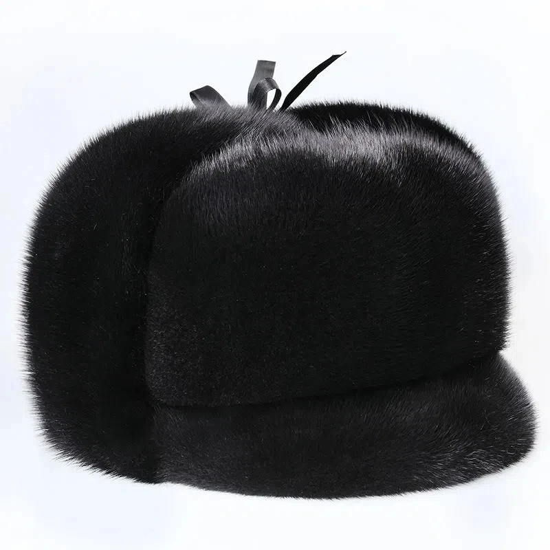 New Sale Luxury Winter Man Top Real Mink Fur Bomber Hat Male Genuine Marten Head Warm Black/Brown Caps Best Gift For Dad Gorras