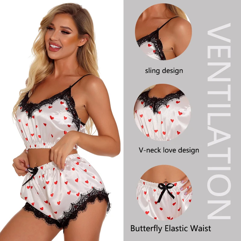 Women V-Neck Printed Bra Camisole Nightgown Girls Can Love Girls Cute Erotic Lingerie Strapless Beauty Back Halter Shorts Set