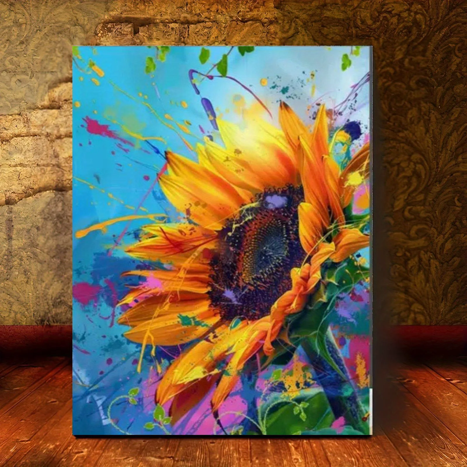 Professional Art Use 1pc Frameless Digital Oil Painting Kit, Vibrant Colorful Sunflower Art, Includes Canvas, Acrylic Paints