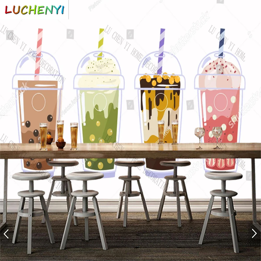 

Custom colorful bubble tea boba wall mural wallpaper restaurant cold drinking shop dining room wall papers home decor sticker