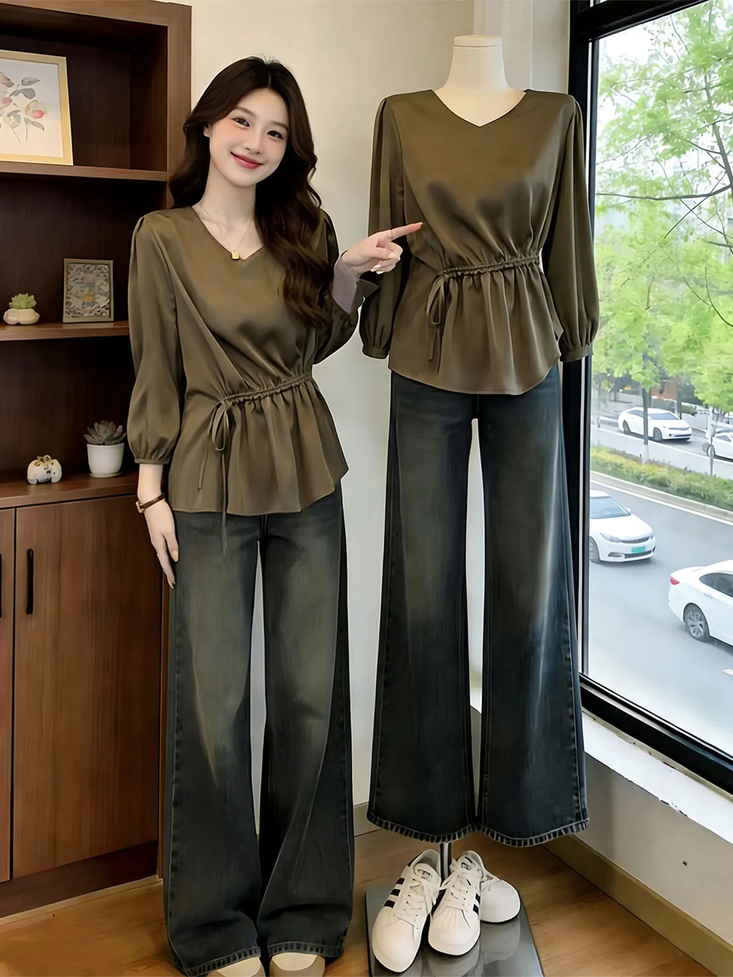 

plus Size Women's Acetate Satin V-Ne Long Sve Chiffon irt Dstring Ele Top Korean Sle Loose Fit Daily Wear