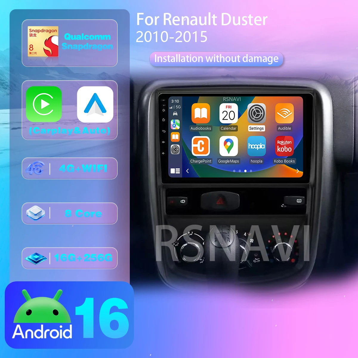 Rádio Automotivo Qualcomm Android 16 para Renault Duster e Nissan Terrano com CarPlay sem fio e Bluetooth.