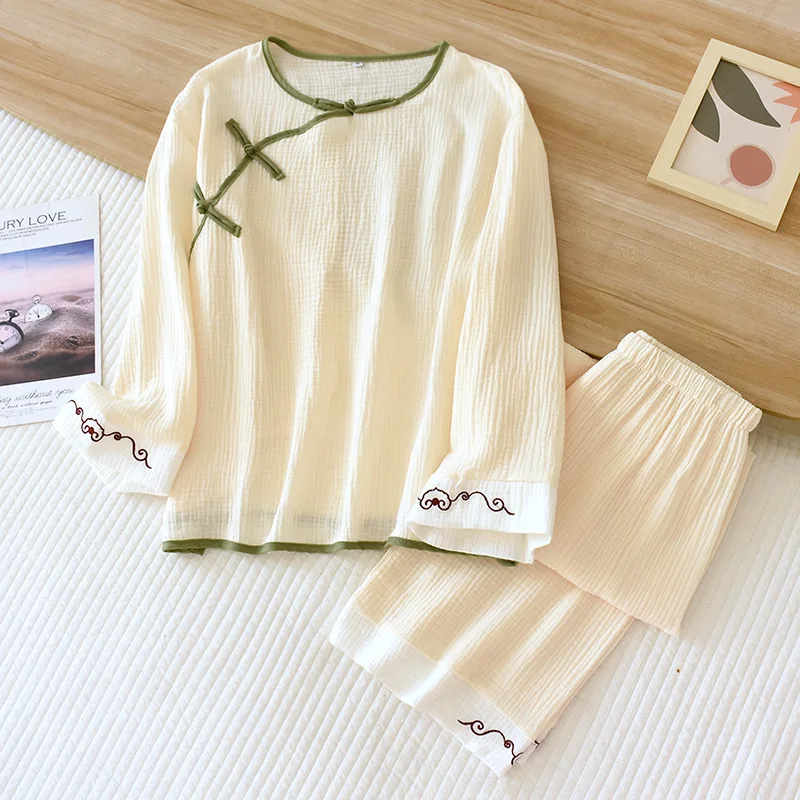 2026 Spring And Autumn New Women's Pajama Set 100% Cotton Crepe Long-sleeved Trousers Classic Two-piece Household Clothes