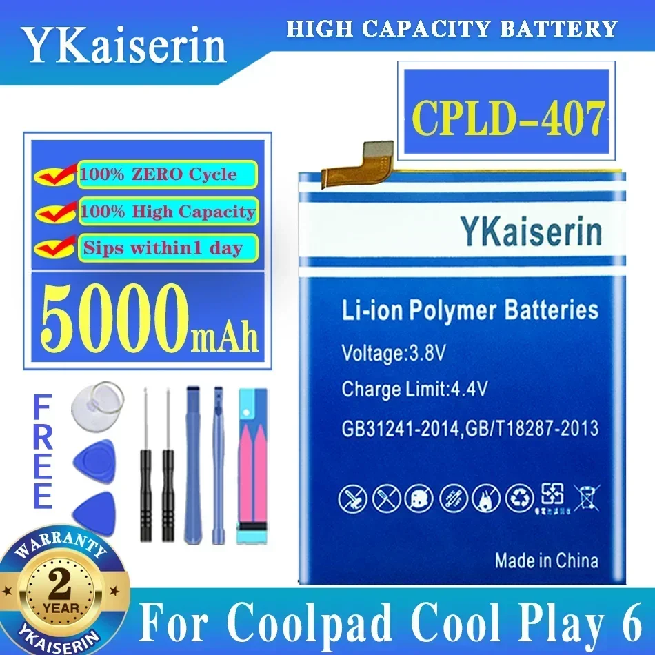 YKaiserin 5000mAh Replacement Battery CPLD-407 for Coolpad Cool 1 Play 6 COR-I0 VCR-A0 Rechargeable Lithium Batteries