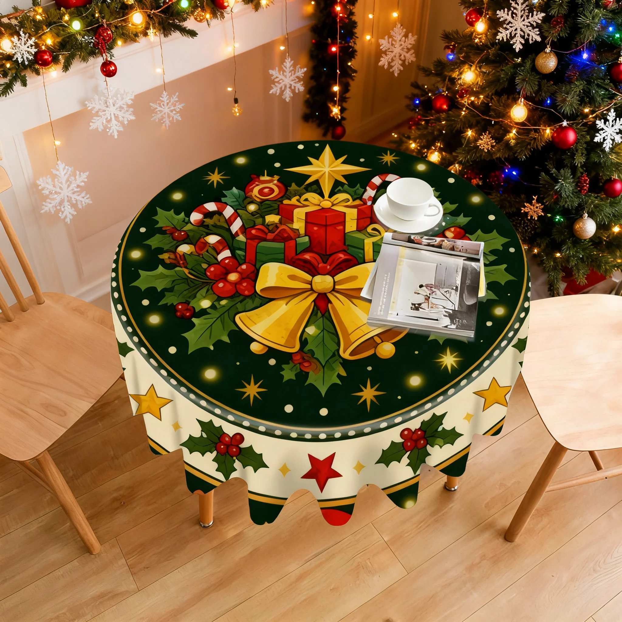 Christmas Round Tablecloth, Holly Bell Gift Box Print Table Cover, Waterproof Polyester Table Cloth for Home Kitchen Dining Table Holiday Party Decoration